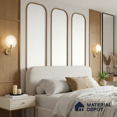 Scandinavian bedroom with light oak wall panels and beige upholstered bed