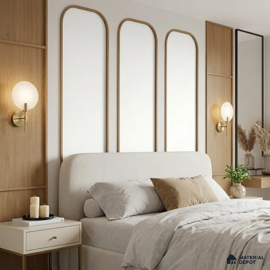 Scandinavian bedroom with light oak wall panels and beige upholstered bed