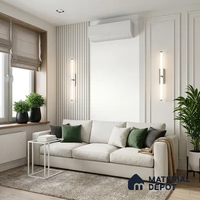 Modern living room with white wall panels, beige fabric sofa, and light oak wooden flooring