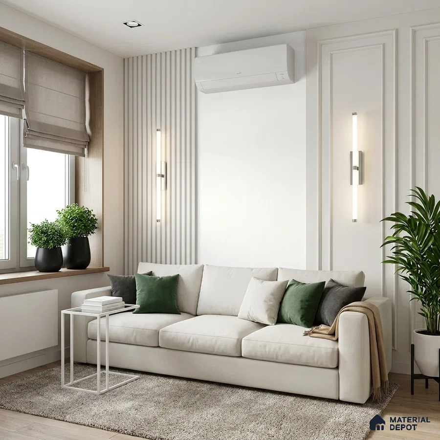 Modern living room with white wall panels, beige fabric sofa, and light oak wooden flooring
