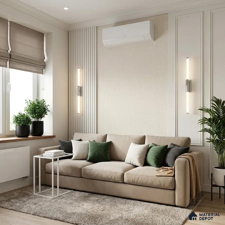 Scandinavian living room with beige fabric sofa, fluted wall panels, and light wood flooring