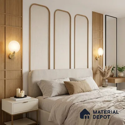 Japandi bedroom with natural oak wood panels and beige fabric wall accents
