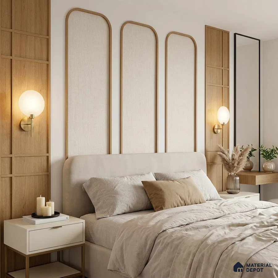 Japandi bedroom with natural oak wood panels and beige fabric wall accents