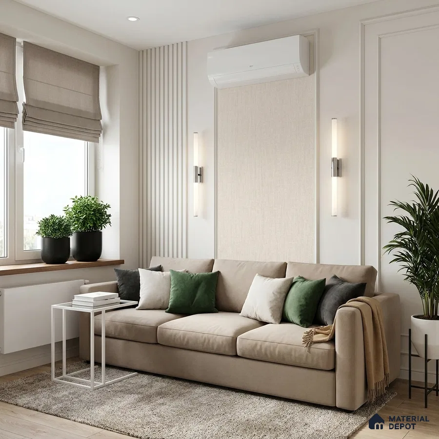 Scandinavian living room with beige fabric sofa, textured wall panels, and light oak wooden flooring