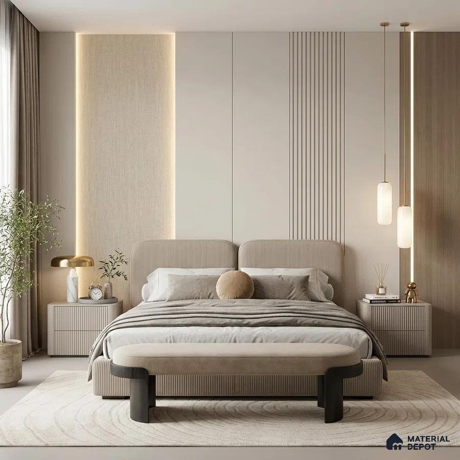 Minimalist bedroom with beige fluted wall panels and suede upholstered bed