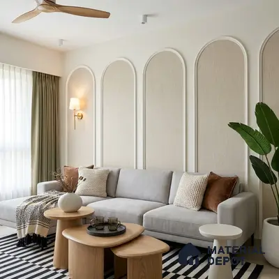 Scandinavian living room with beige fabric wall panels and light oak wood tables