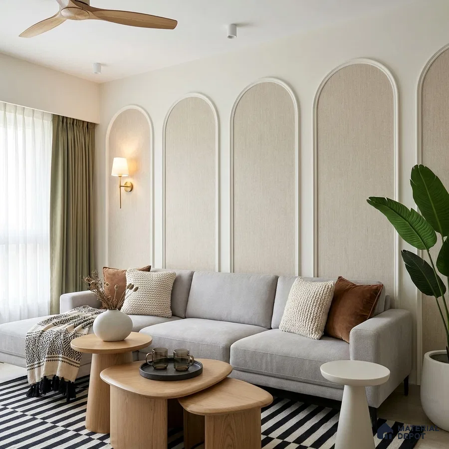 Scandinavian living room with beige fabric wall panels and light oak wood tables
