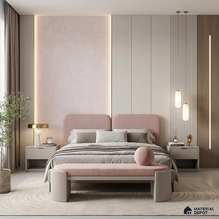 Minimalist bedroom with blush pink suede upholstery, fluted wall panels, and light wood accents