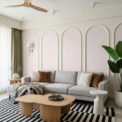 Scandinavian living room with light wood coffee table, pastel wall panels, and striped rug