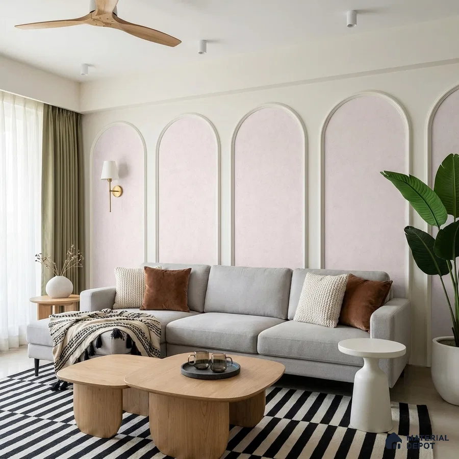 Scandinavian living room with light wood coffee table, pastel wall panels, and striped rug