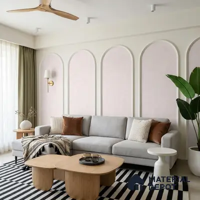 Scandinavian living room with light wood coffee table, pastel wall panels, and striped rug