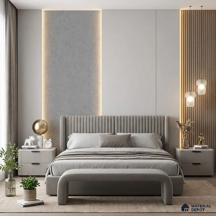 Minimalist bedroom with suede upholstered bed, grey wall panels, and fluted wood accent