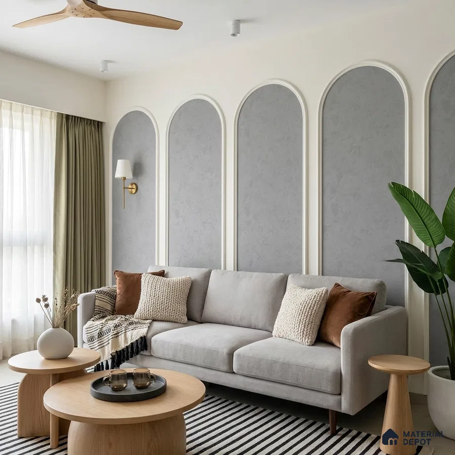 Scandinavian living room with grey textured wall panels and light oak wood tables