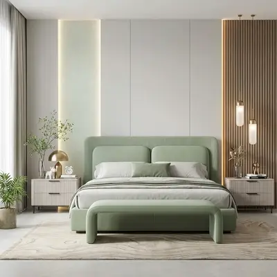 Japandi bedroom with sage green suede upholstered bed, fluted wood panel, and neutral wall panels