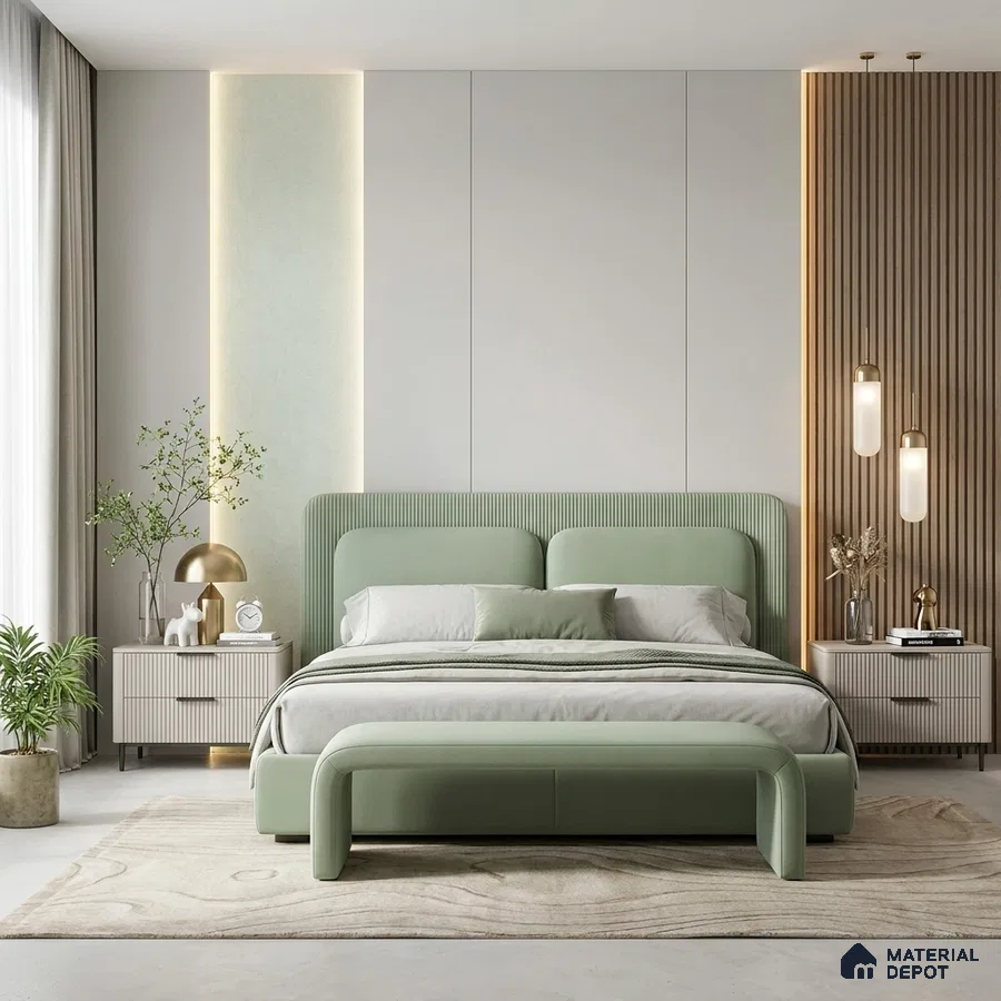 Japandi bedroom with sage green suede upholstered bed, fluted wood panel, and neutral wall panels
