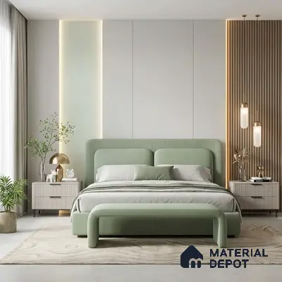 Japandi bedroom with sage green suede upholstered bed, fluted wood panel, and neutral wall panels