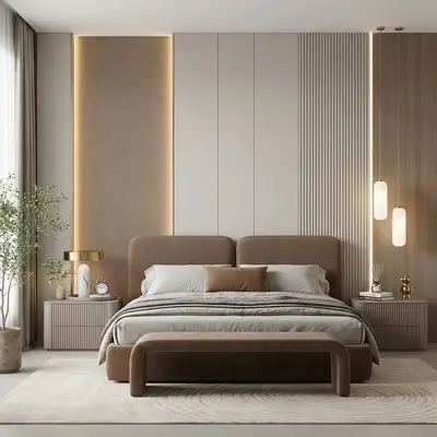 Minimalist bedroom with taupe suede upholstered bed, fluted wall panels, and beige matte laminate