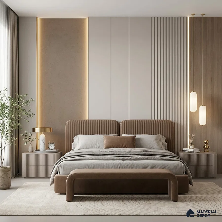 Minimalist bedroom with taupe suede upholstered bed, fluted wall panels, and beige matte laminate