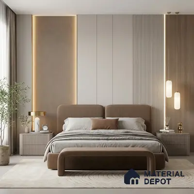 Minimalist bedroom with taupe suede upholstered bed, fluted wall panels, and beige matte laminate