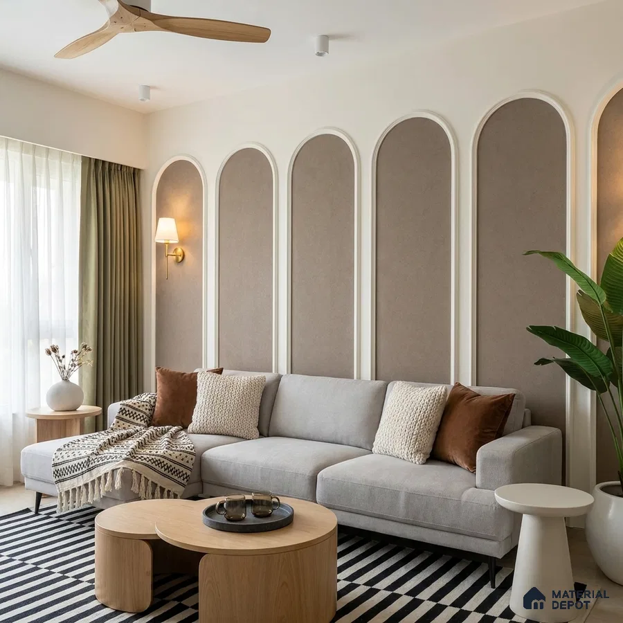 Scandinavian living room with beige fabric wall panels and light oak coffee table