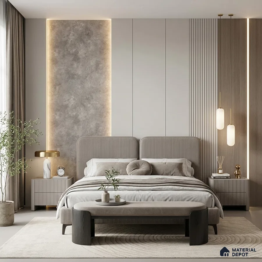 Minimalist bedroom with suede upholstered bed, grey textured wall panel, and light wood fluted panels