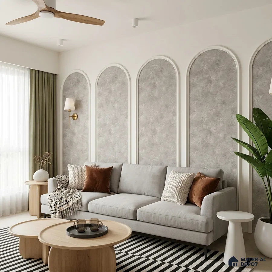 Scandinavian living room with textured grey wall panels and light oak coffee tables