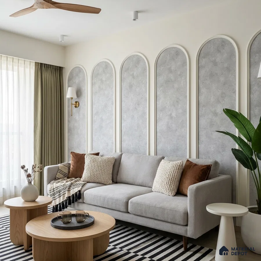 Scandinavian living room with grey textured wall panels and light oak coffee tables