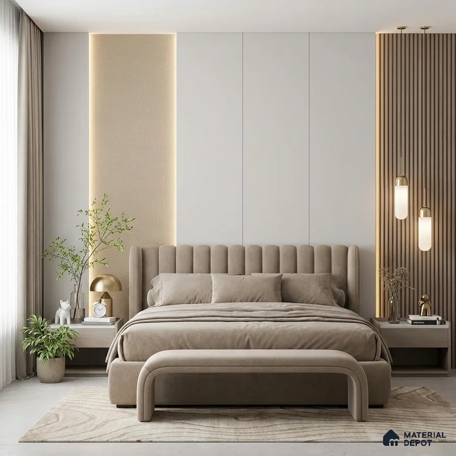 Modern bedroom with suede upholstered bed, beige fabric wall panel, and fluted wood accent