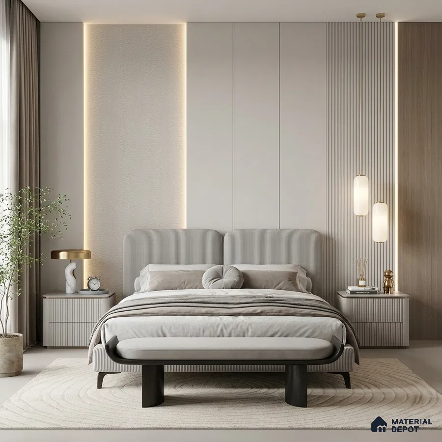 Minimalist bedroom with fluted wall panels, light beige fabric upholstery, and warm neutral palette