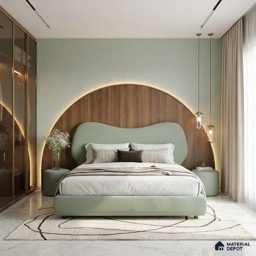 Modern bedroom with sage green upholstered bed, walnut wood accent panel, and marble floor tile