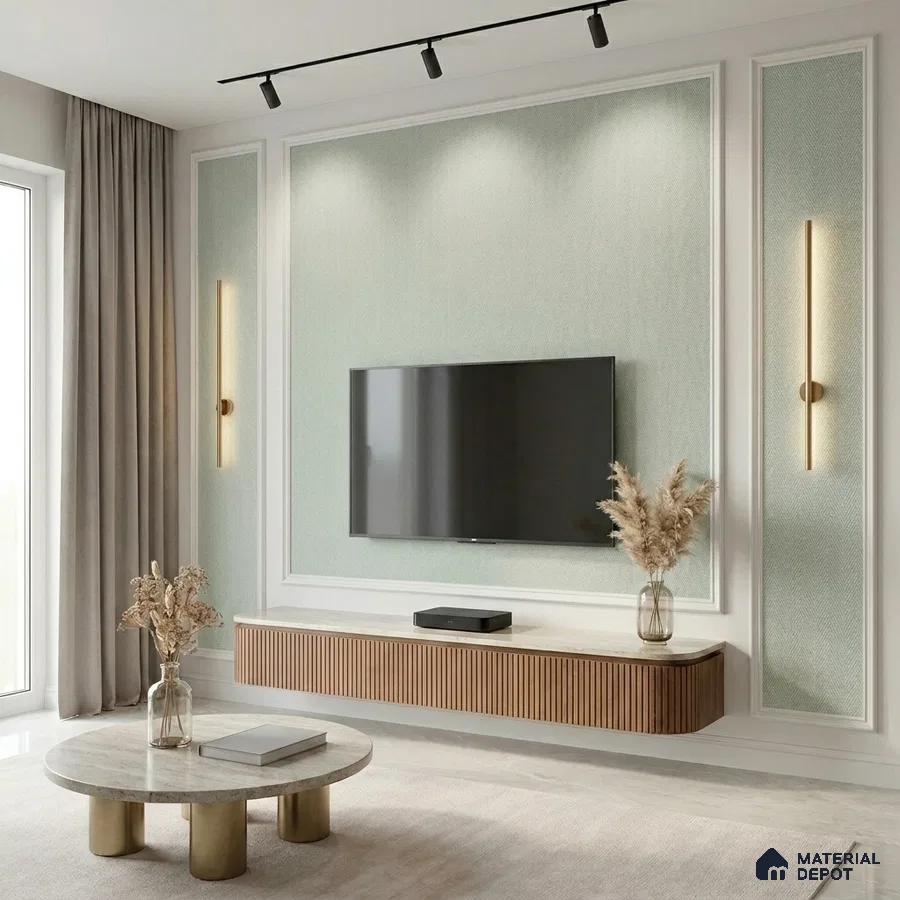 Modern TV unit with fluted wood laminate, textured pastel wall panel, and marble top