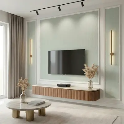 Modern TV unit with fluted wood laminate, textured pastel wall panel, and marble top