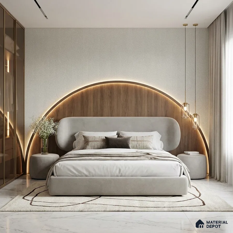 Modern bedroom with suede upholstered bed, walnut wood accent headboard, and marble floor tile