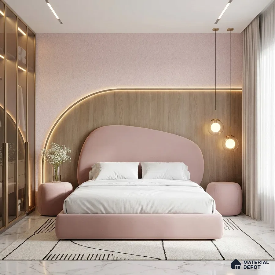 Modern bedroom with blush pink upholstered bed, light wood panel accent wall, and marble floor tile