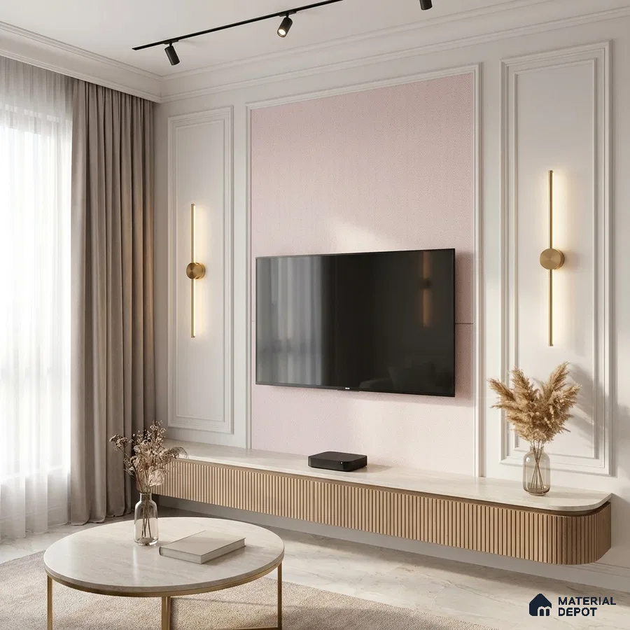 Modern TV unit with fluted wood laminate, marble-look top, and pastel pink accent wall panel