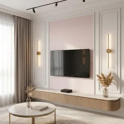 Modern TV unit with fluted wood laminate, marble-look top, and pastel pink accent wall panel