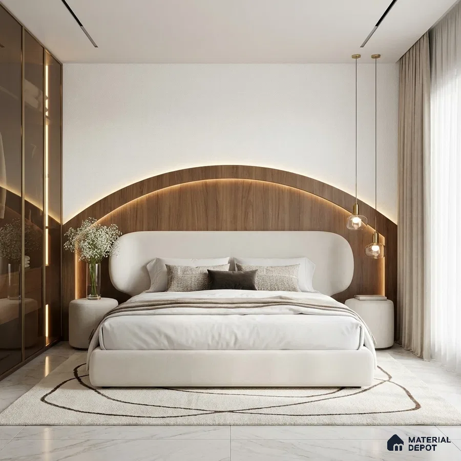 Modern bedroom with walnut wood panel headboard, backlit accent, and ivory upholstered bed