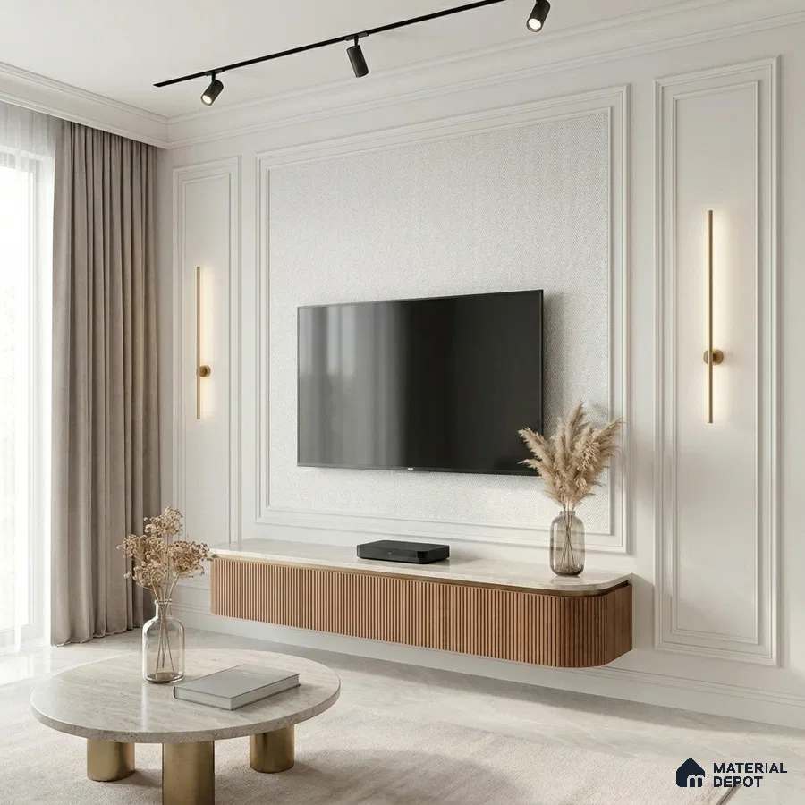 Modern TV unit with fluted wood laminate, white marble laminate top, and textured wall panel