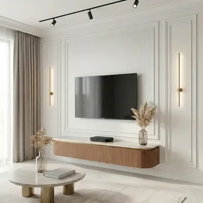 Modern TV unit with fluted wood laminate, white marble laminate top, and textured wall panel