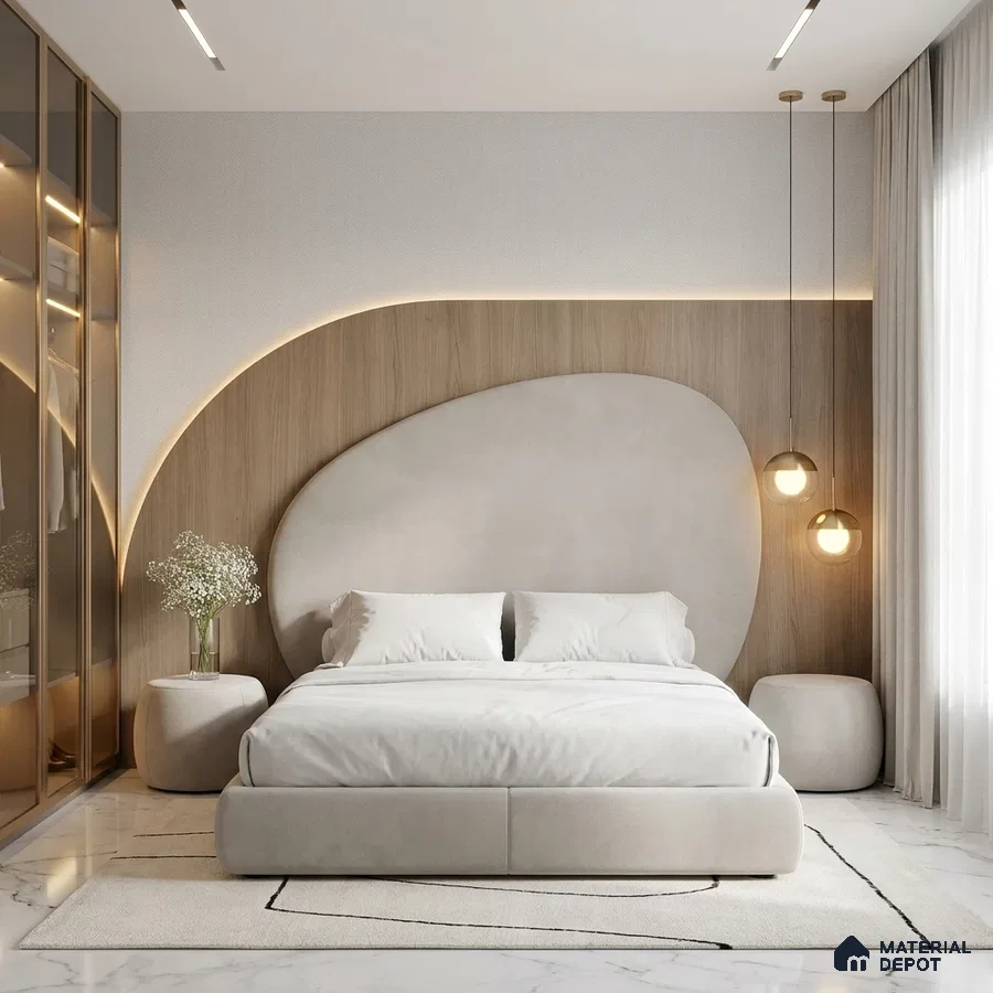 Minimalist bedroom with suede upholstered bed, light wood panel accent wall, and white marble floor tile