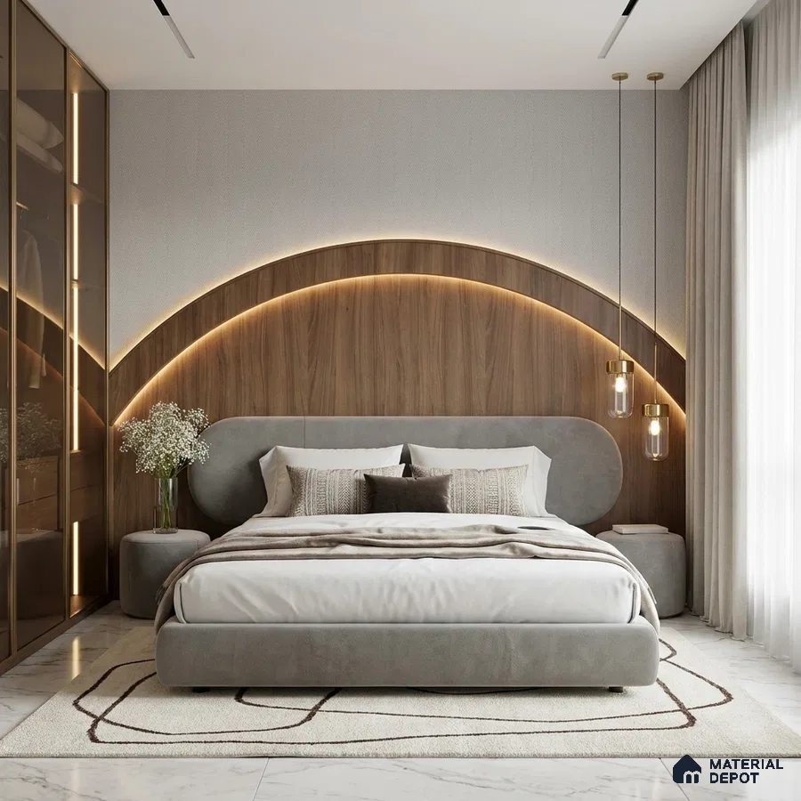 Modern bedroom with walnut wood panel headboard, suede upholstered bed, and marble floor tiles
