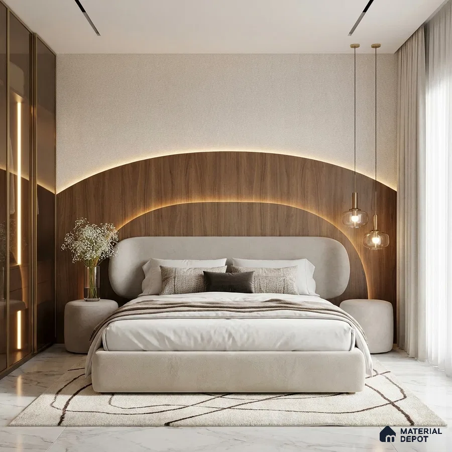 Modern bedroom with walnut wood panel accent wall and beige suede upholstered bed on marble floor