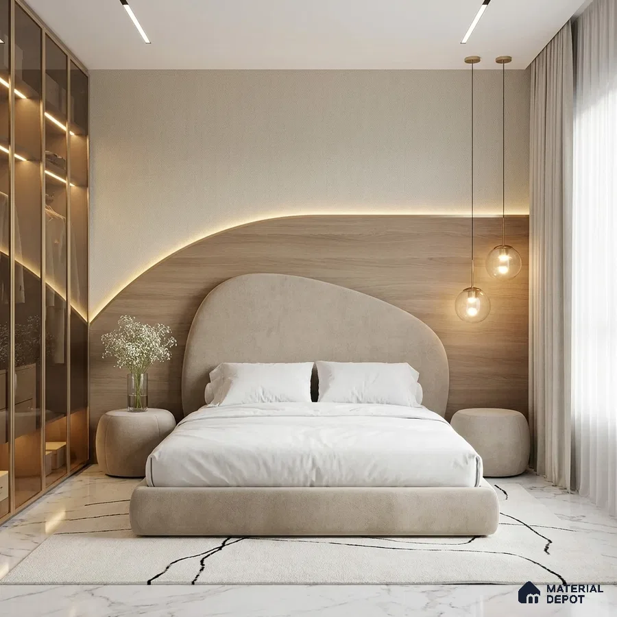 Minimalist bedroom with suede upholstered bed, light wood accent wall, and marble floor tile