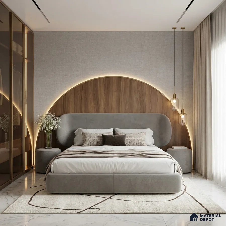 Modern bedroom with walnut wood panel headboard, grey suede upholstered bed, and marble floor tiles