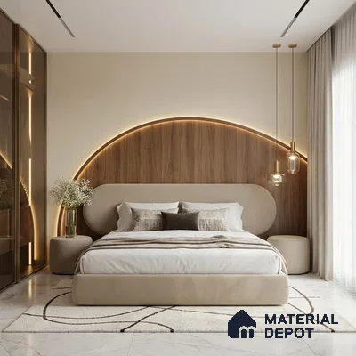 Modern bedroom with walnut wood panel headboard, beige suede upholstered bed, and marble floor tiles