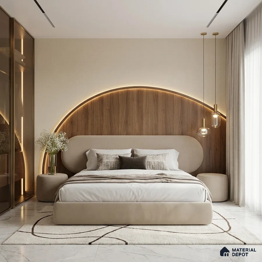 Modern bedroom with walnut wood panel headboard, beige suede upholstered bed, and marble floor tiles