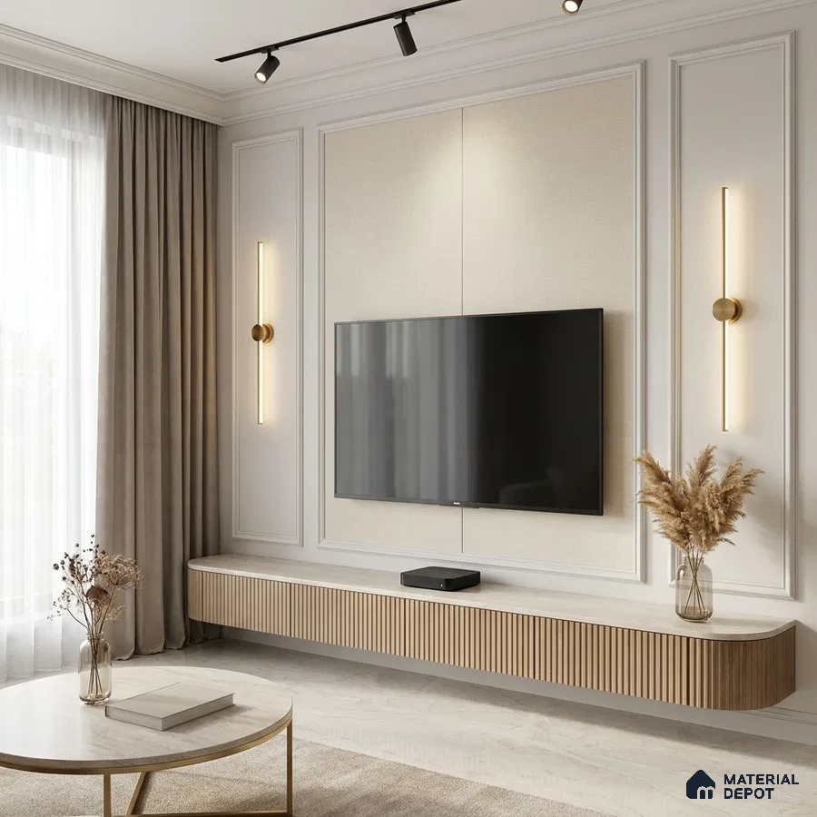 Modern living room with beige marble top, fluted wood laminate TV unit, and neutral wall panels