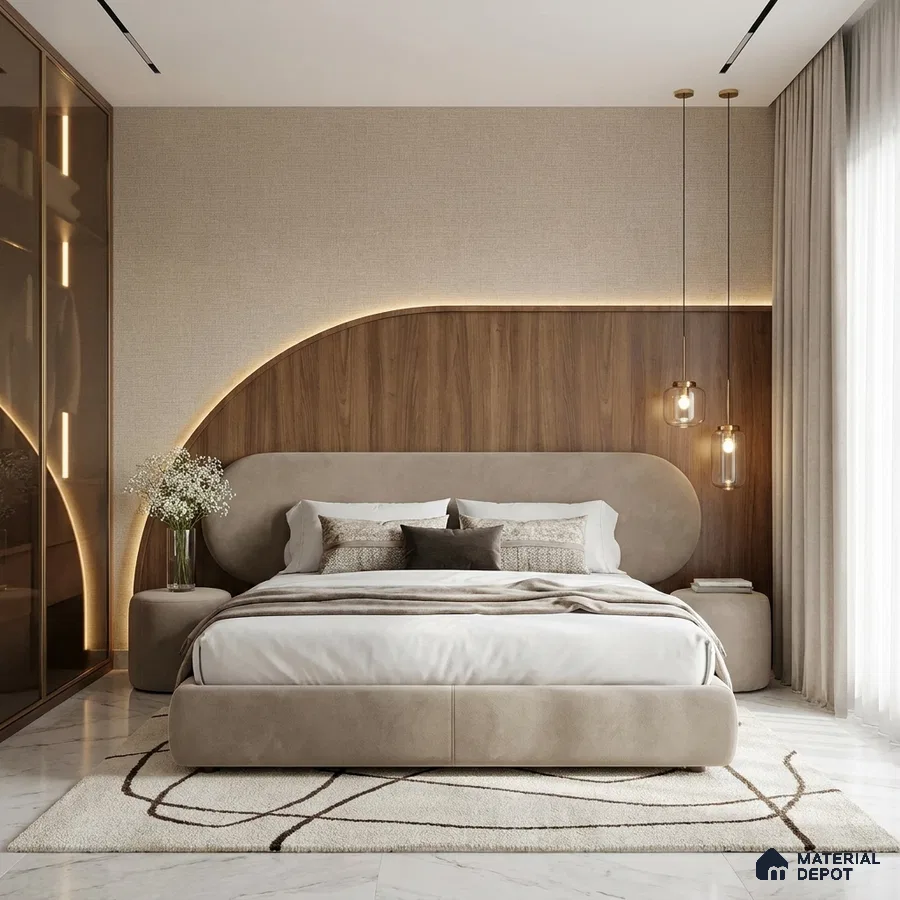 Modern bedroom with walnut wood panel headboard, beige suede upholstered bed, and marble floor tile