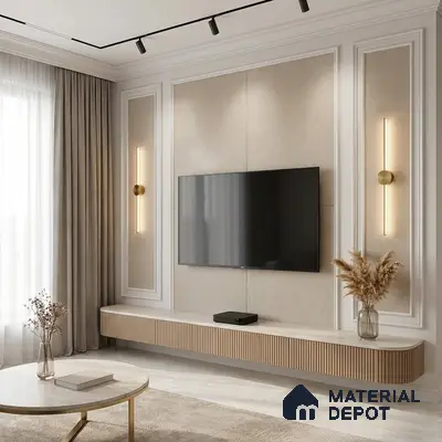 Modern TV unit with beige fabric wall panels and fluted wooden laminate floating cabinet