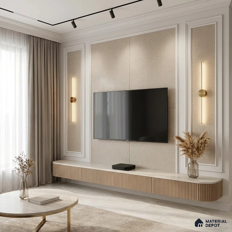 Modern TV unit with beige fabric wall panels and fluted wooden laminate floating cabinet